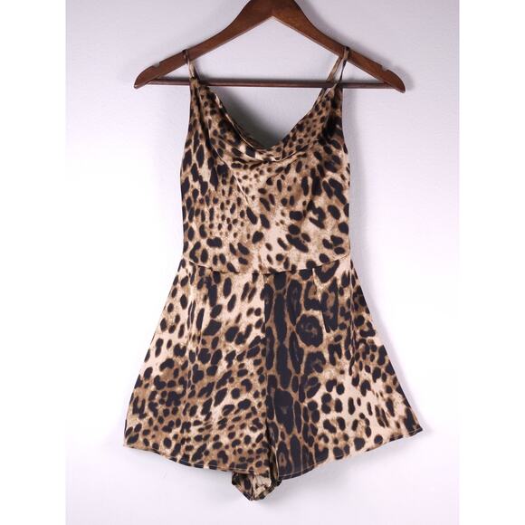 Nasty Gal Leopard Satin Cowl Neck Romper – Back Tie, Silky Animal Print, Size 4 - Picture 3 of 13